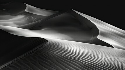 Desert dunes at sunset, dramatic shadows casting intriguing patterns