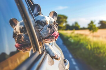 Two dogs with their heads out of a car window, enjoying the breeze while traveling