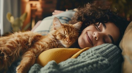 Bonding Moment - Young Woman Cuddling Rescued Cat in Cozy Living Room