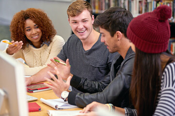 Study group, students and discussion with ideas in library for education, assignment and academic...