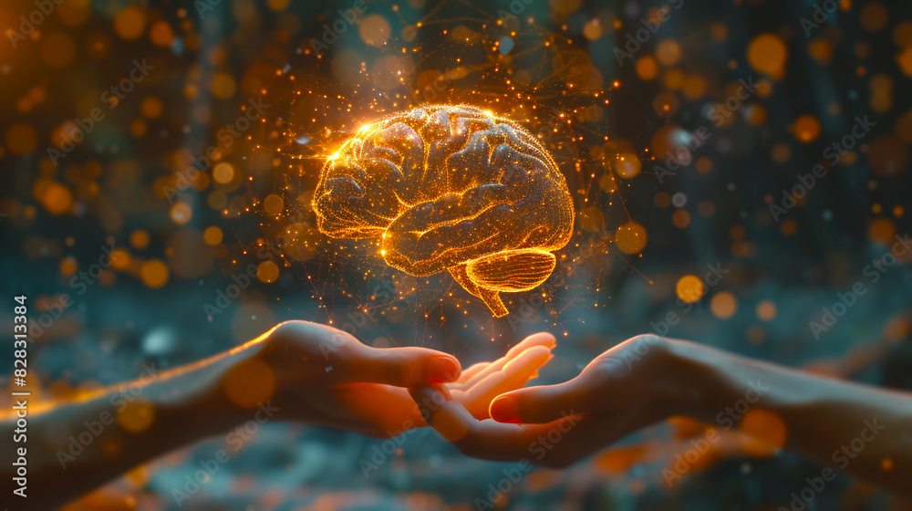 Poster hands supporting a glowing brain illustration against a bokeh lights background, showcasing the conc