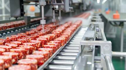 Fototapeta premium Sizzling Delights: Close-Up of International Meat Processing Line on International Meat Day. 4K HD Wallpaper. AI-Generated Background