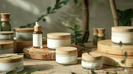 Eco-Friendly Skincare Products Displayed in Minimalist Glass Jars and Bamboo Containers on Wood Surface with Plant Background