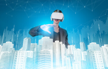 Caucasian architect wearing VR headsets and designing building construction. Professional civil engineer working and planning about house structure by using visual reality simulation. Contraption.