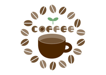 コーヒーと豆と葉のロゴイラスト