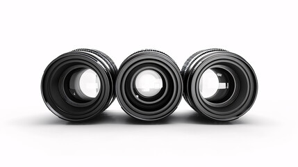 Three camera lenses isolated on white. Three camera lenses lined up side by side, showcasing their optical precision and sleek design. Perfect for photography and technology projects.