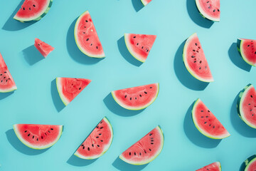 a close up of a bunch of slices of watermelon on a blue surface