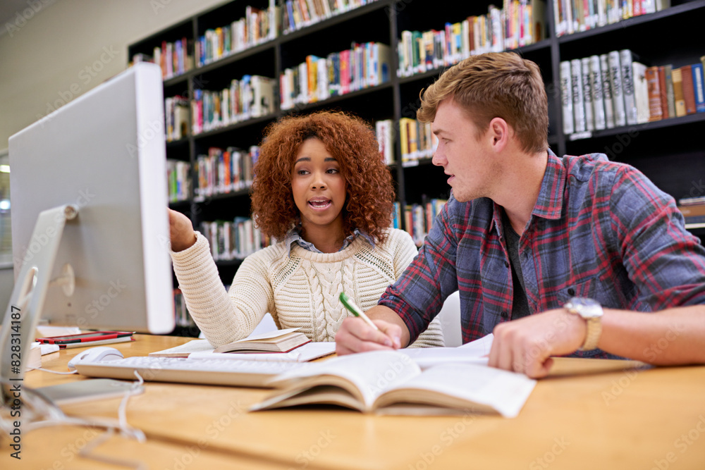 Poster Studying, friends and students on computer in library for exam, learning and research test in college. Education, desktop or teamwork of people in university together for writing notes and discussion