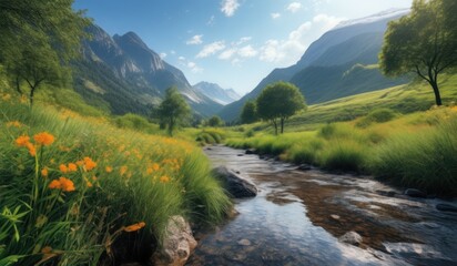 landscape with river and mountains Natural Harmony: Background Details