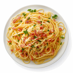 a close up of a plate of spaghetti with bacon and parsley