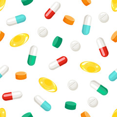 Pills and capsules background. Seamless pattern with medication. Vector cartoon flat illustration.