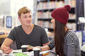 Students, boy and girl with books in library for assignment, academic research and education. Campus, college or university for knowledge, learning and friends with discussion for essay assessment