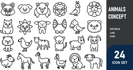 Fototapeta premium Animals related concept such as Dog, cat, horse, pig, sheep, goat, chicken, bird, fish & many more editable stroke outline icons isolated on white background flat vector illustration