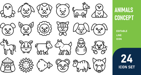 Animals related concept such as Dog, cat, horse,  pig, sheep, goat, chicken, bird, fish & many more editable stroke outline icons isolated on white background flat vector illustration