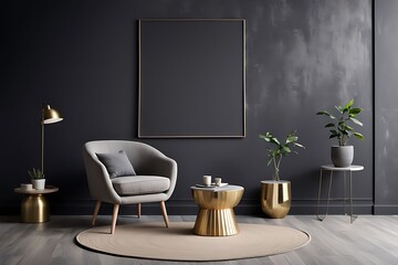 Living room in dark gray and beige, Minimalist style with empty black microcement wall, beige taupe ivory accent chair, golden lamp, modern reception lounge, 3D render