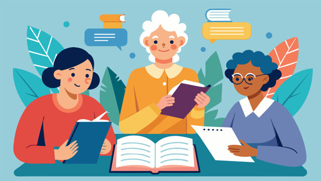 A creative writing workshop guiding seniors to use their words and imagination to express themselves through short stories poems or journal entries.. Vector illustration