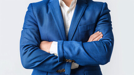 Businessman in blue suit with arms crossed. Confident businessman in a blue suit stands with his arms crossed, exuding professionalism and determination.