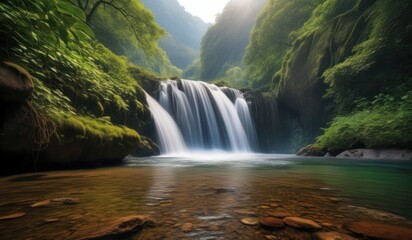 Fototapeta premium view of a waterfall in a forest with a sun shining
