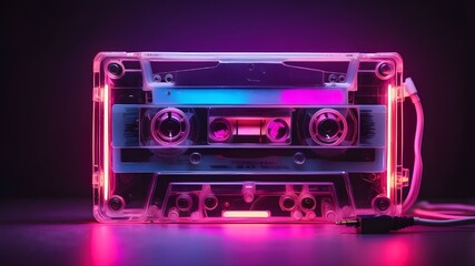Obraz premium cassette with neon lights. nostalgia for the nineties. A music-listening audio cassette.