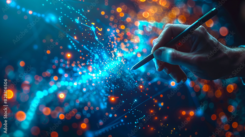 Poster Close-up of a hand with a stylus interacting with dynamic digital particles on a dark bokeh background, concept of technology. Generative AI
