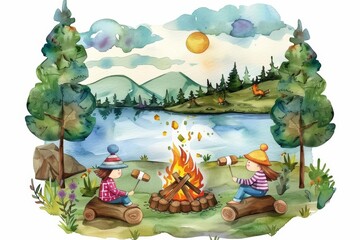 A kawaii watercolor of campers practicing campfire safety, toasting marshmallows over a fire ring with a serene lake in the background, Clipart isolated on white