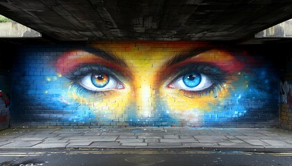 Produce an eye-catching street art composition in rainbow hues that conveys messages of love, acceptance, and equality at an engaging eye-level perspective