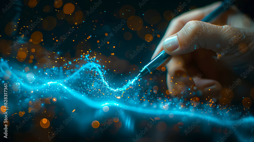 Poster a close-up of a hand with a pen-like tool interacting with a glowing blue digital interface, against