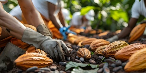 Discover cocoa plantation workers harvesting pods and processing cocoa unveiling industry essence. Concept Cocoa Plantation, Harvesting Pods, Processing Cocoa, Industry Essence, Plantation Workers