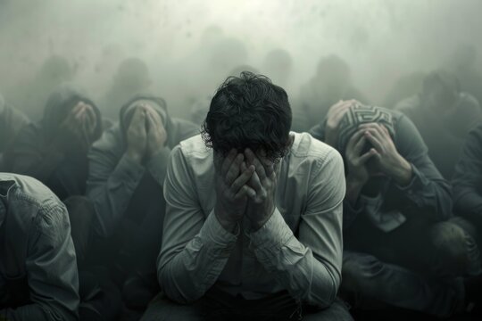 Many people sitting in a room with their hands covering their faces