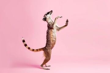Fototapeta premium A prey animal in a ballet outfit, performing a dance move on a solid pink background with copy space
