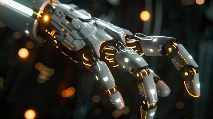 A robotic hand with illuminated joints and circuitry, raised against a dark background Closeup
