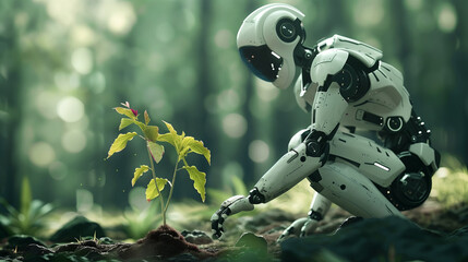 robot gently tends to a sapling, illustrating the harmony between technology and nature.