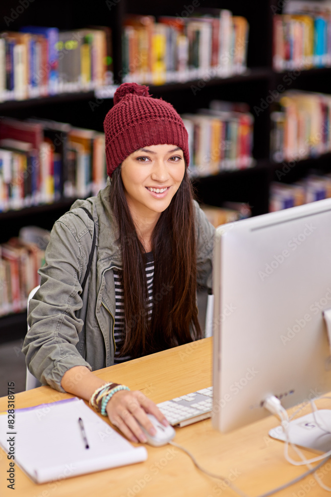 Aufkleber happy, woman and student with computer in college library for online course, study and research for 