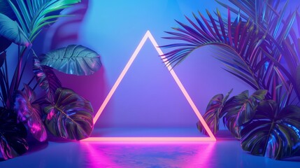 Fototapeta premium A triangular neon light frame with tropical leaves against a blue and purple background Closeup