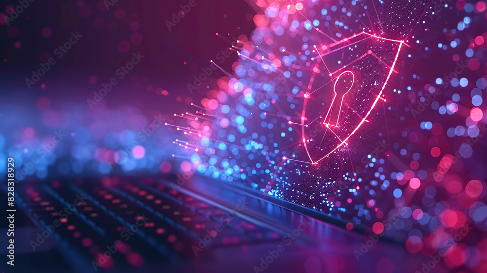 Poster A glowing digital shield security concept on a blurred keyboard background, symbolizing cybersecurity. Generative AI