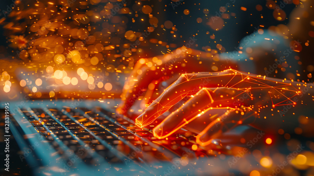 Aufkleber close-up of hands typing on a keyboard with glowing digital connections, against a bokeh light backg