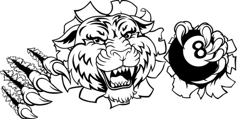 A tiger angry mean pool billiards mascot cartoon character holding a black 8 ball.