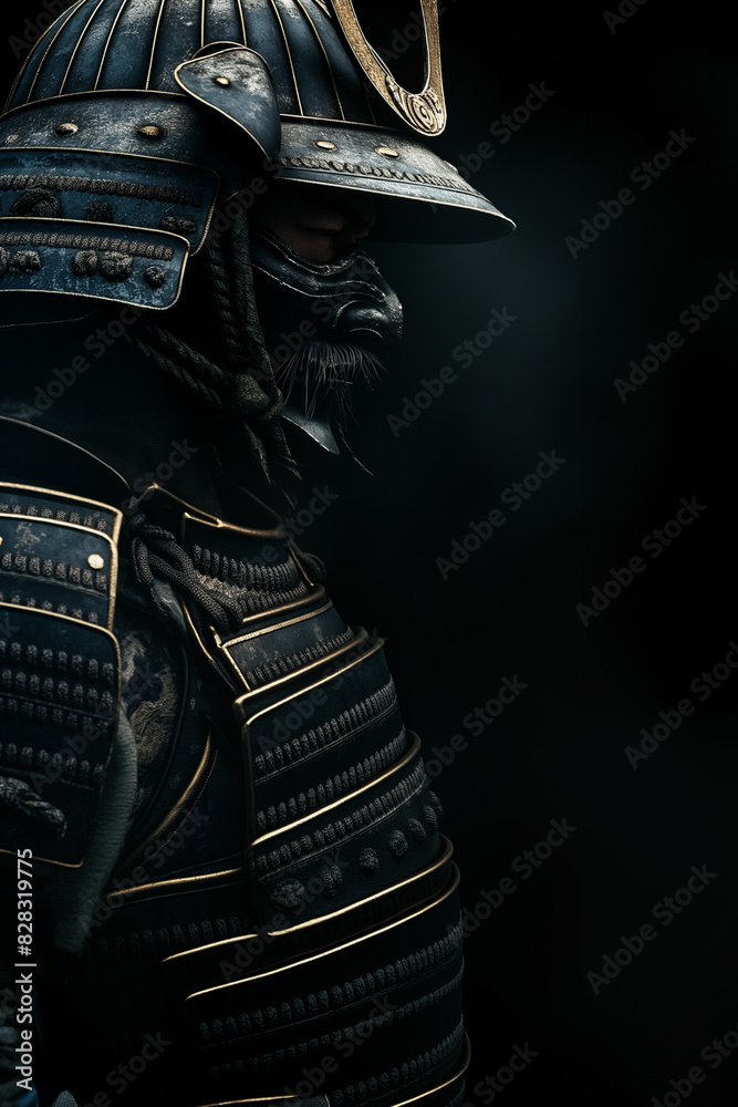 Poster arafed samurai in full armor with a helmet and a sword