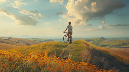 A young man is cycling on a hill. Generative AI.