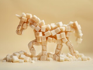 Creative sculpture of a horse made entirely from sugar cubes, set against a soft beige background, showcasing unique art and imagination.