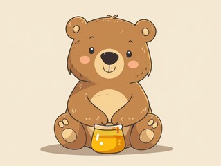Cute cartoon bear with honey pot, perfect for children's illustrations, greeting cards, and nursery decorations.