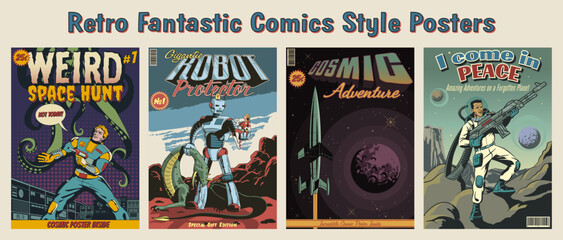 Retro Fantastic Comics, Sci-Fi Book Covers Style Illustrations. Robots, Astronauts, Extraterrestrial Monsters, Rockets and Space 