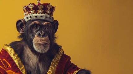 Obraz premium An endangered species dressed as a king, with a crown and royal robe, on a solid gold background with copy space