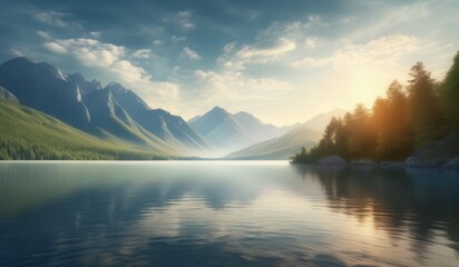 lake in the mountains Tranquil Nature Background: Focus on Serenity