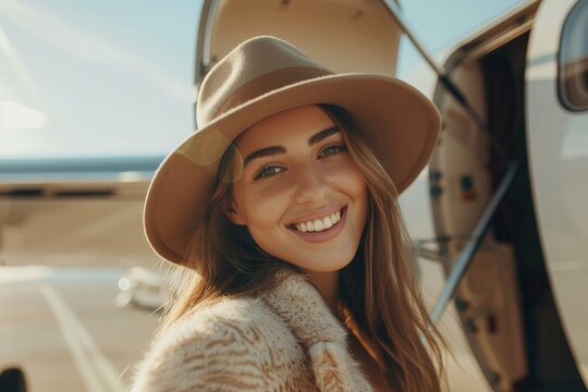 Outdoor shot of a beautiful female wearing a hat, deboarding the airplane. She is smiling and posing for the camera 
