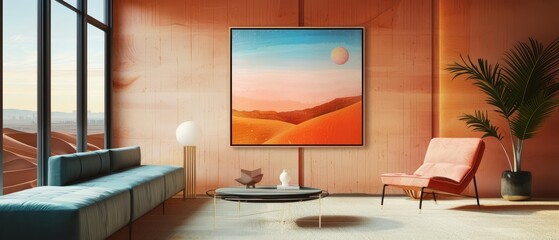 Artistic frame mockup featuring a surreal landscape, creating a dreamlike atmosphere in the stylish space