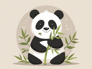 Obraz premium Cute cartoon panda bear happily eating bamboo with a simple, soft background. Perfect for children's designs and educational materials.