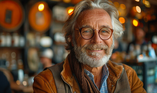 Joyful Mature Man Relaxing in Cozy Cafe, Smiling in Warm Ambient Light, Daytime Relaxation and Happiness