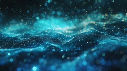 Blue and Green Glowing Particles Forming Wave Shapes on a Black Background