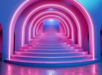 3D rendering of a blue and pink staircase with arches and neon lights